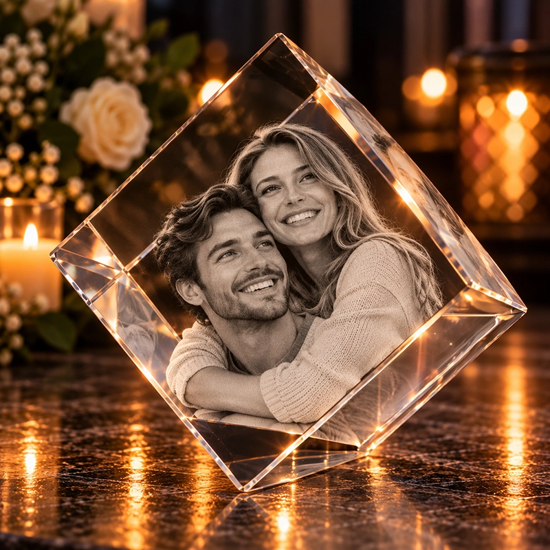 Smiling couple cuddles inside a clear glass cube glow-lit with warm candlelight in a romantic setting.