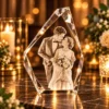 Crystal diamond-shaped photo frame holding a wedding couple's portrait on a candlelit table.