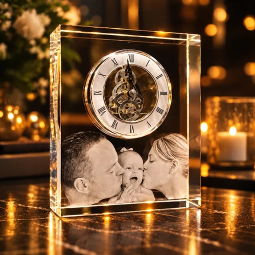 Crystal keepsake clock: a clear block housing a round clock with Roman numerals and a black-and-white photo of parents kissing their baby inside, set against warm candlelight.