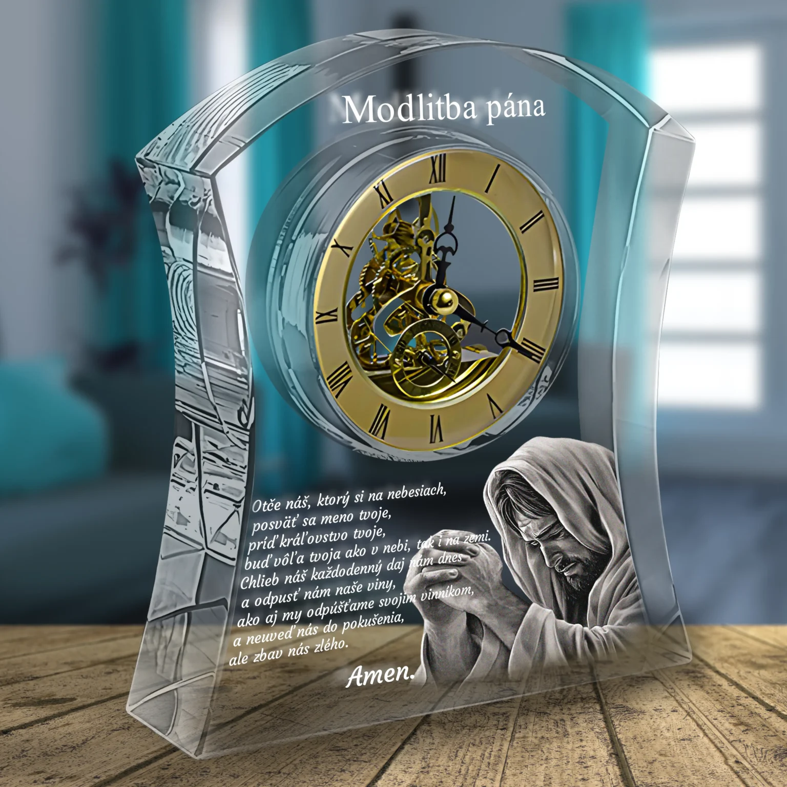 Transparent curved glass sculpture enclosing a gold clock face with Roman numerals, overlaid with white Slovak text; a kneeling figure is visible nearby on a wooden floor.