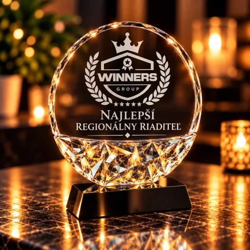 Crystal award ball on a black base, engraved with 'WINNERS GROUP' and 'Najlepší regionálny riaditeľ', glowing warmly at the table edge.