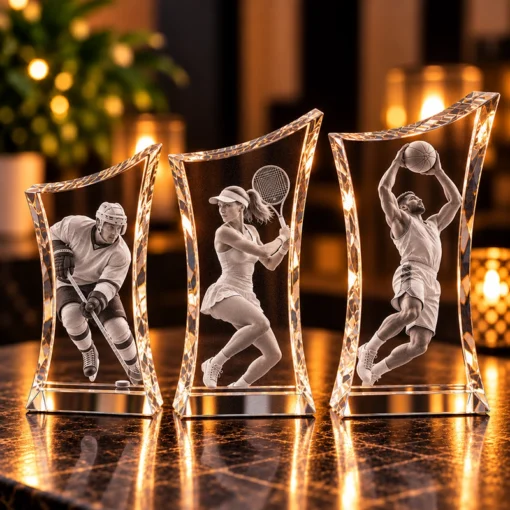Trojica naších trofejí s názvom Apex. Pre prvé, druhé a tretie miesto s 3 rôznymi veľkosťami. Sklenená trofej Apex s gravírovaním