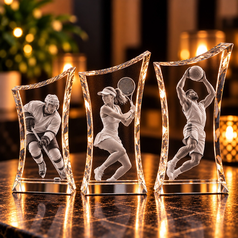 Trojica naších trofejí s názvom Apex. Pre prvé, druhé a tretie miesto s 3 rôznymi veľkosťami. Sklenená trofej Apex s gravírovaním