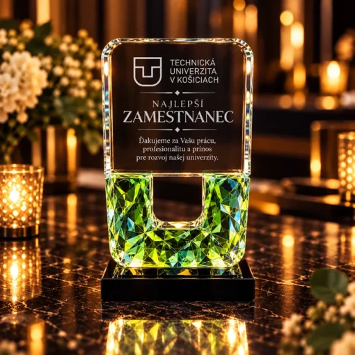 Crystal trophy with a green, diamond-cut base displaying 'Najlepší zamestnanec' from Technická univerzita v Košiciach, on a gala table.