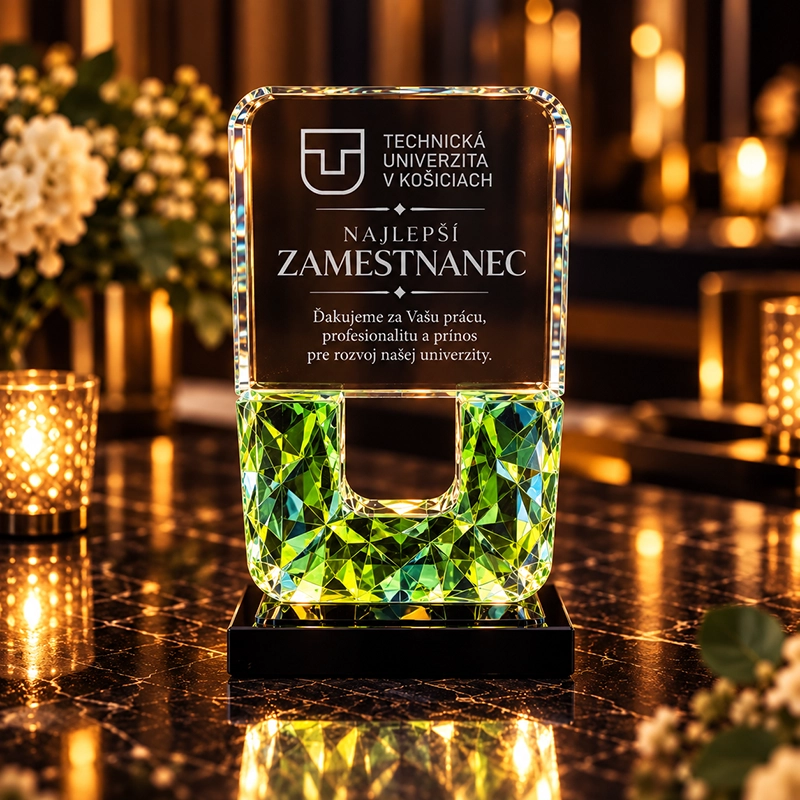 Crystal trophy with a green, diamond-cut base displaying 'Najlepší zamestnanec' from Technická univerzita v Košiciach, on a gala table.