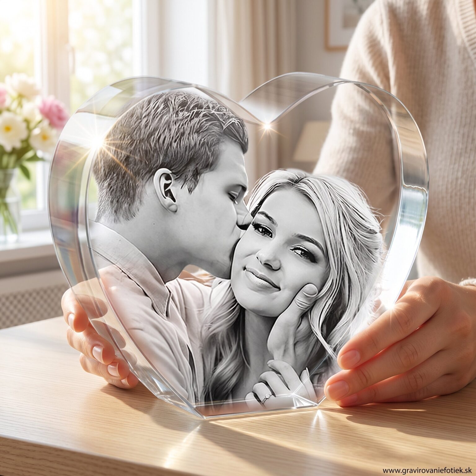 Glass heart ornament with a grayscale photo of a couple kissing, held by hands on a wooden table.