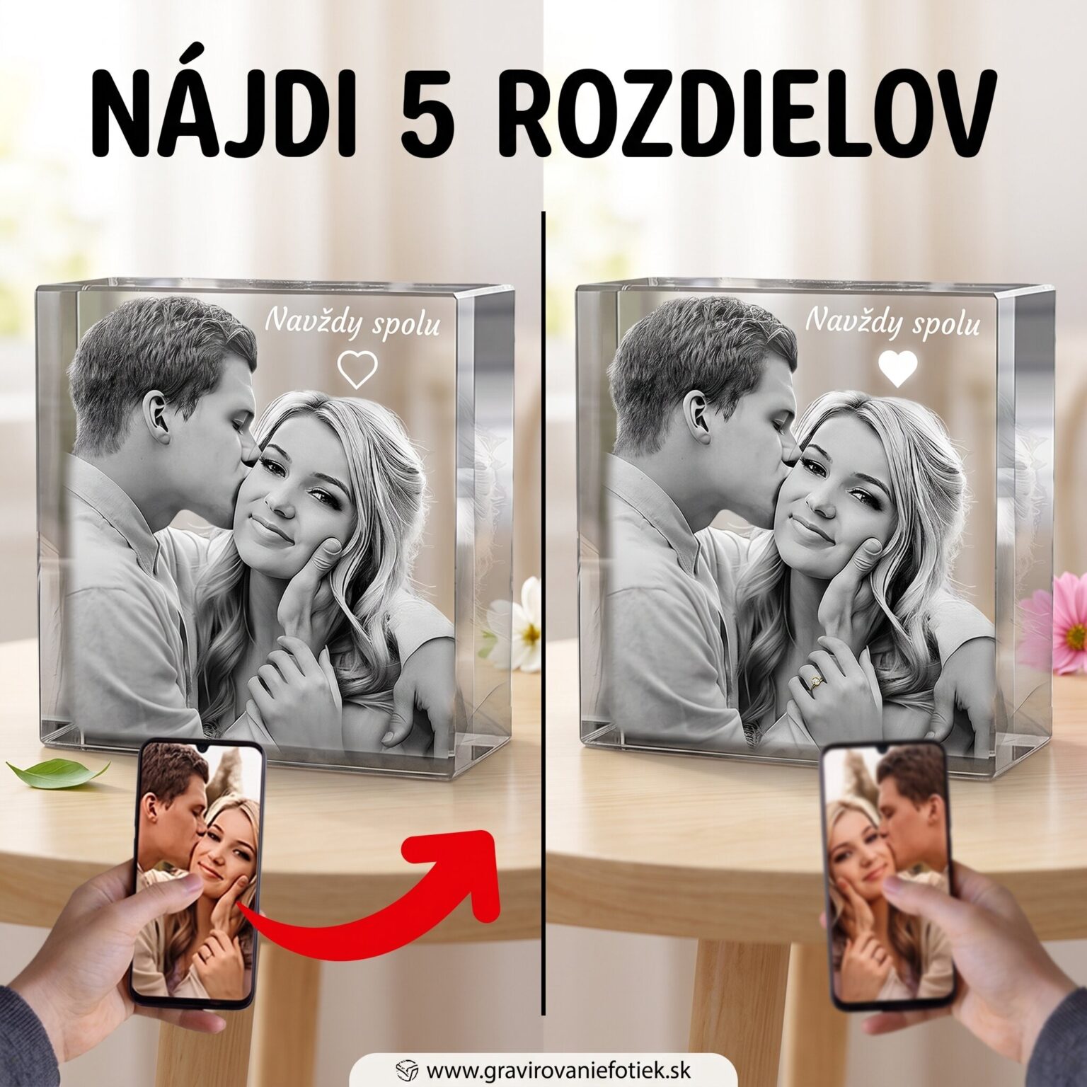 Two side-by-side screens show a couple photo as part of a 'Find 5 differences' puzzle, with large Slovak text above and a red number in the foreground.