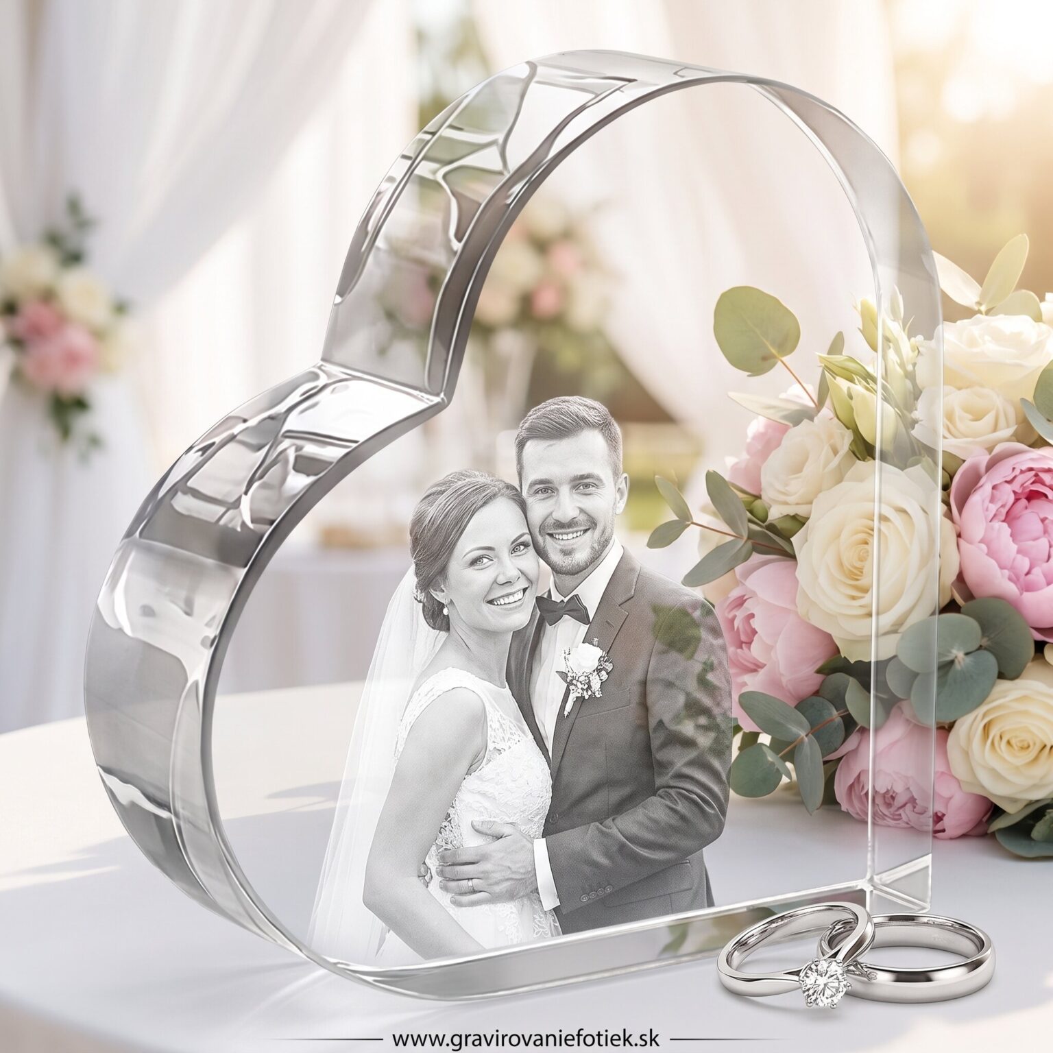 Engagement and wedding rings on a white surface beside a pastel bouquet, with a clear sculpted frame containing a couple's portrait inside.