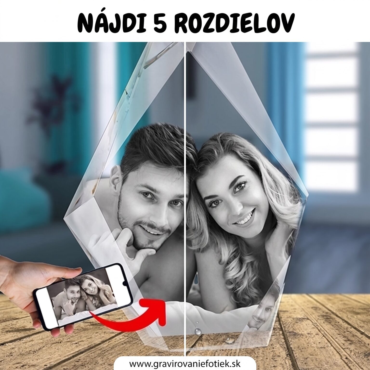 Split image puzzle: two panels with a man and a woman inside a glass frame on a wooden floor; header reads 'NAJDI 5 ROZDIELOV' and a tablet showing the same photo with a red arrow, plus a website URL