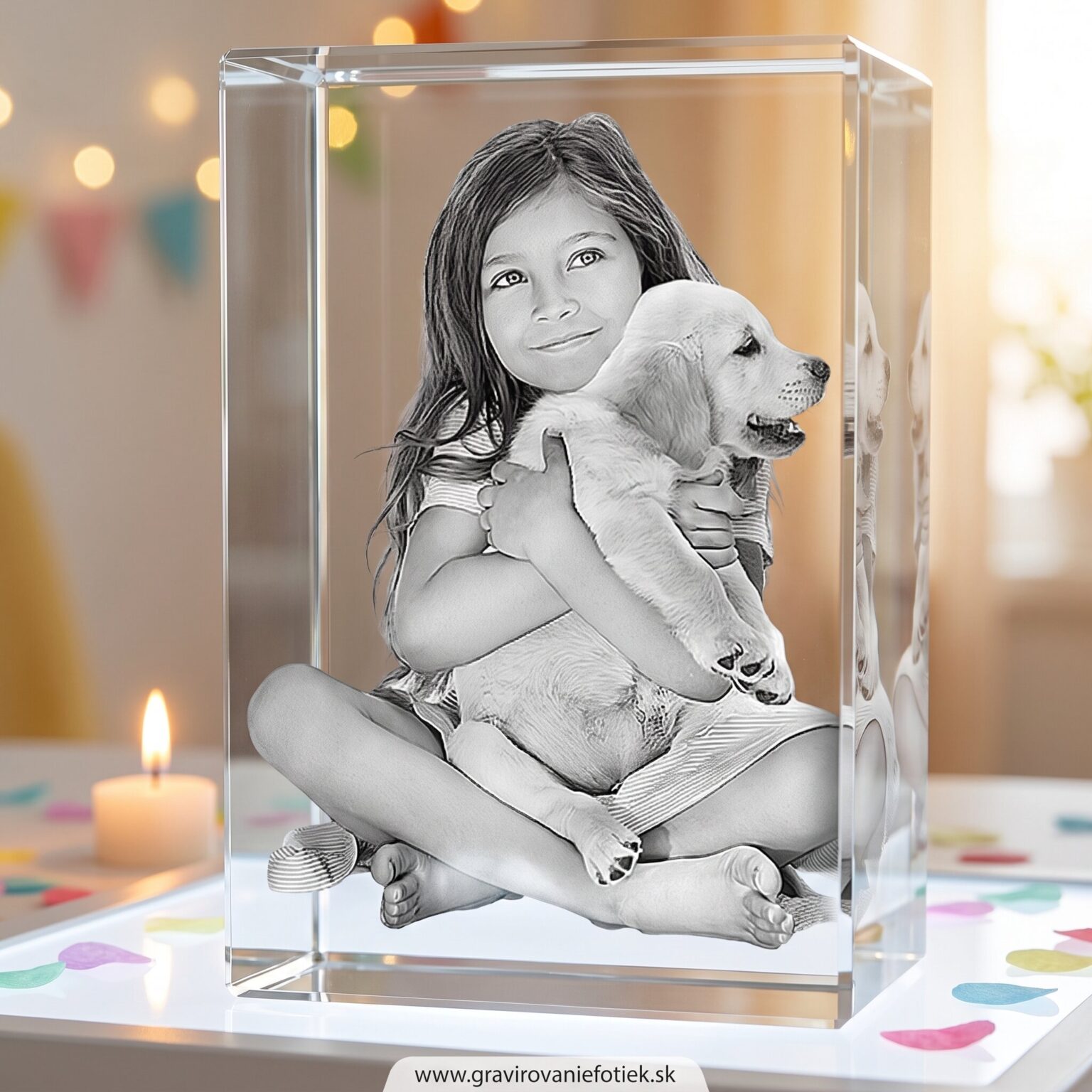 Grayscale drawing of a girl hugging a dog inside a transparent glass box on a table, with candles and colorful heart confetti in the background.