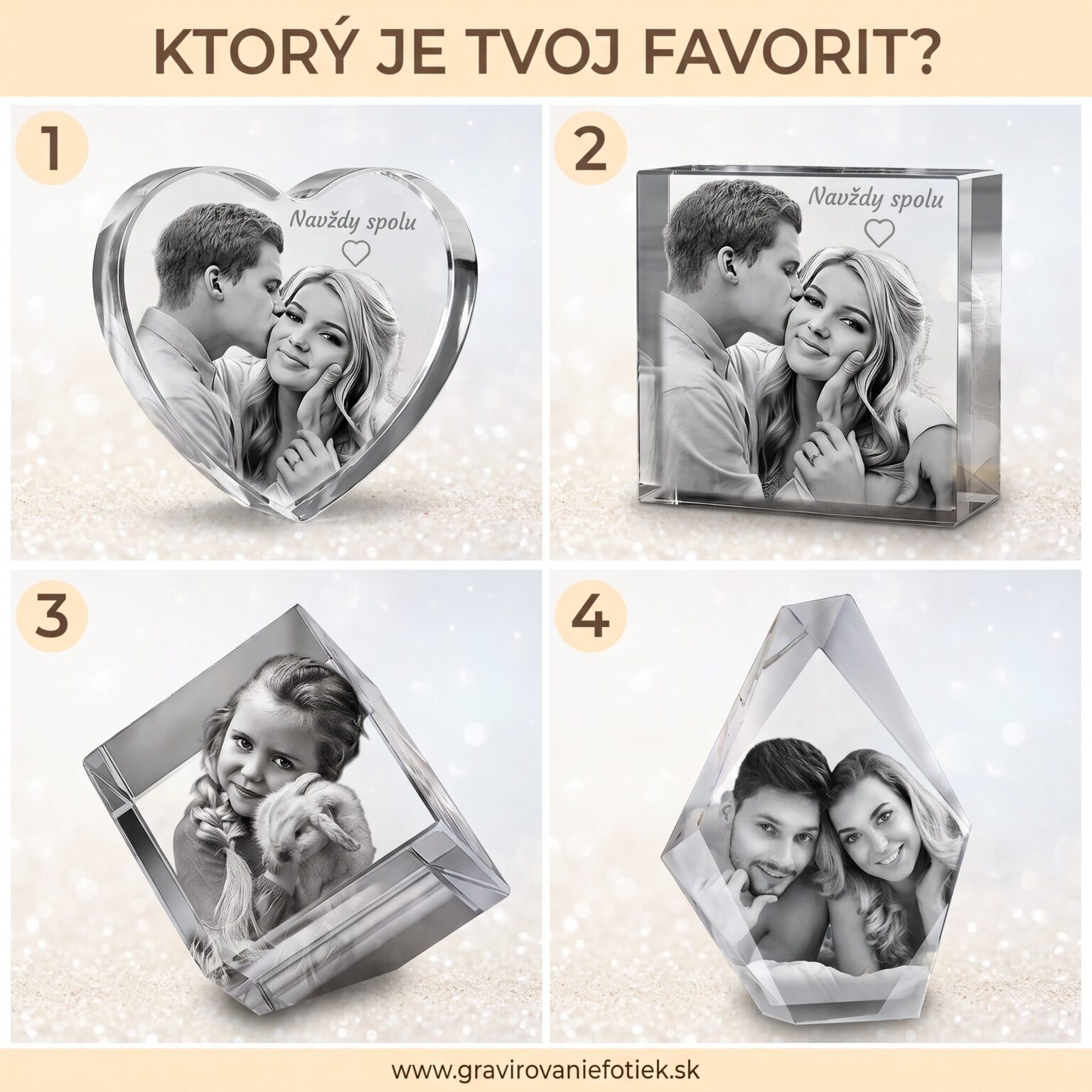 Man kissing woman inside a heart-shaped crystal keepsake with 'Navždy spolu' text.