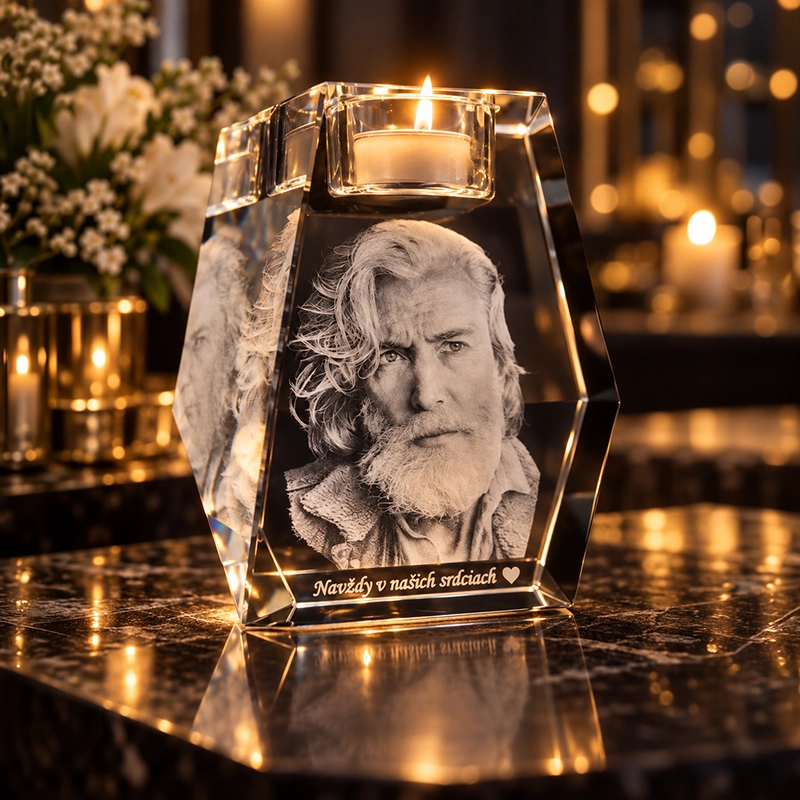 Crystal memorial candle with an engraved portrait of an elderly man and a lit flame atop.