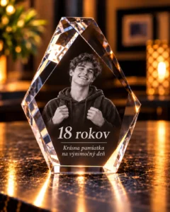 Crystal diamond trophy featuring a smiling young man and the text '18 rokov' for an 18th birthday commemorative keepsake.