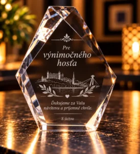 Promočný darček | Gravírovanie fotiek do skla - darček s venovaním Crystal award with engraved Czech text and cityscape illustration, resting on a marble surface with warm bokeh lighting in the background.