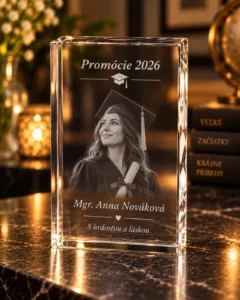 ChatGPT Image 11 9 2026 21_25_52 | Gravírovanie fotiek do skla - darček s venovaním Crystal graduation plaque featuring a graduate portrait and the text 'Promócie 2026' for Mgr. Anna Nováková.