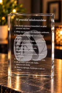 10 pravidiel novomanzelom | Gravírovanie fotiek do skla - darček s venovaním Crystal award plaque with the title '10 pravidiel mladomanželov' etched, featuring a heart outline, on a dark marble surface with warm bokeh background lights.