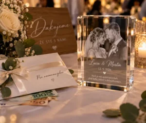 Crystal picture frame with a wedding portrait of Lucia & Martin, dated 12.9.2026, placed on a decorated table alongside flowers, a thank-you sign, and envelopes with money tips on display.