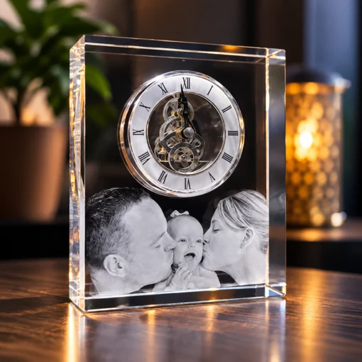 Clear glass keepsake frame with an exposed clock and a black-and-white photo of parents kissing their baby amid visible gears in the clockwork center.