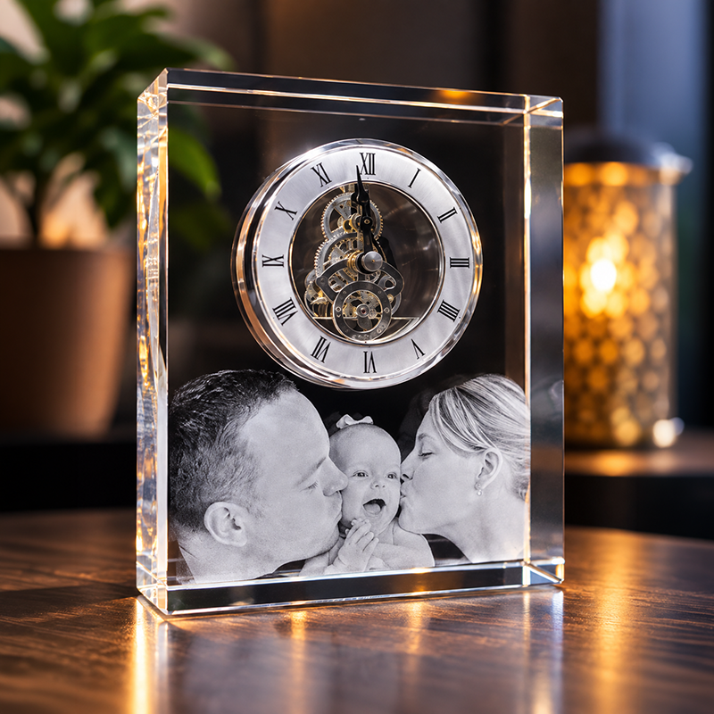 Clear glass keepsake frame with an exposed clock and a black-and-white photo of parents kissing their baby amid visible gears in the clockwork center.