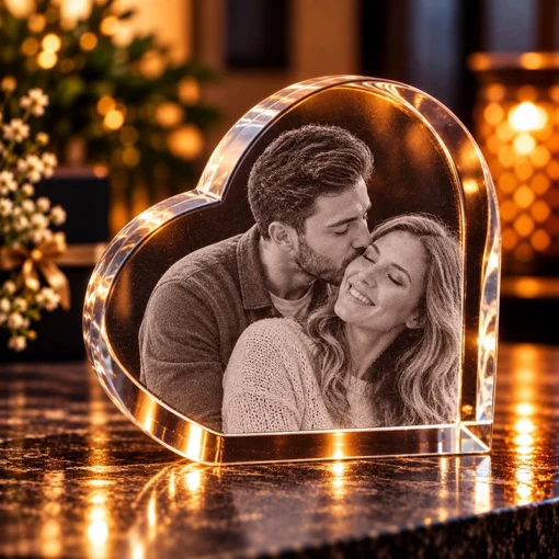 Heart-shaped illuminated photo frame on a dark surface, showing a couple smiling as the man kisses the woman’s temple/photo inside the frame appears to be a black-and-white portrait.