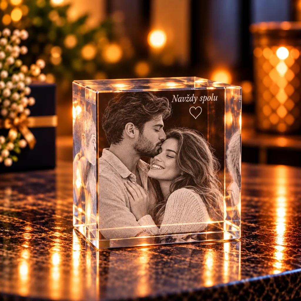 Illuminated crystal photo cube showing a couple embracing, with the text 'Navždy spolu' and a heart on the front.