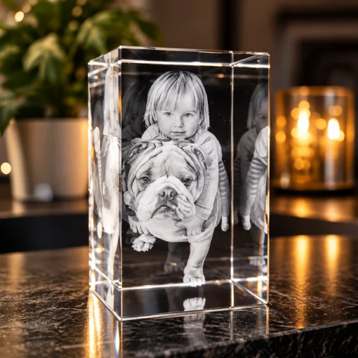 Clear glass photo cube featuring a black-and-white image of a child on a bulldog, with warm candlelight in the background.