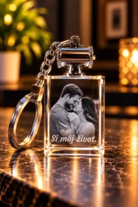 Crystal keepsake keychain with a photo of a couple embracing and the text 'Si môj život.'