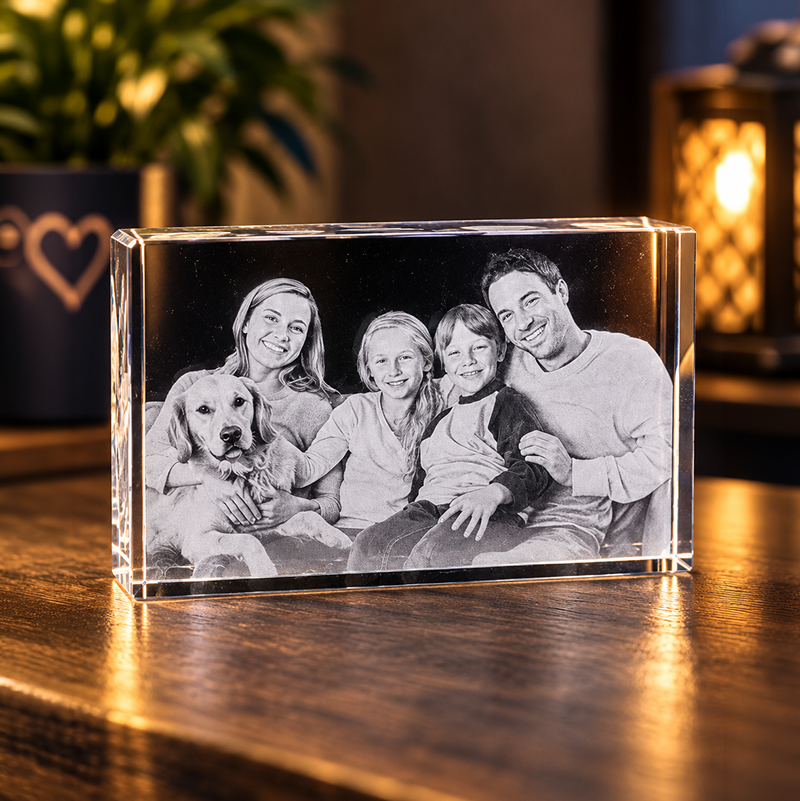 Crystal photo block displaying a black-and-white portrait of a smiling family and their dog on a wooden table, warmly lit in the background.