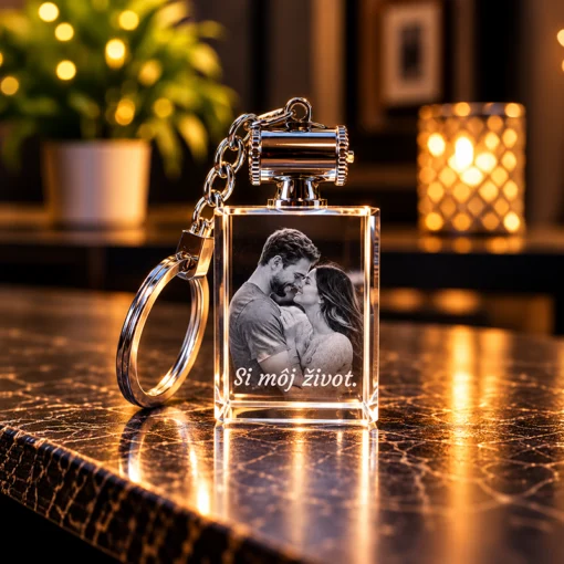 Crystal keychain with a photo of a couple embracing and the caption 'Si môj život.' on a marble surface, warm bokeh lights in the background.