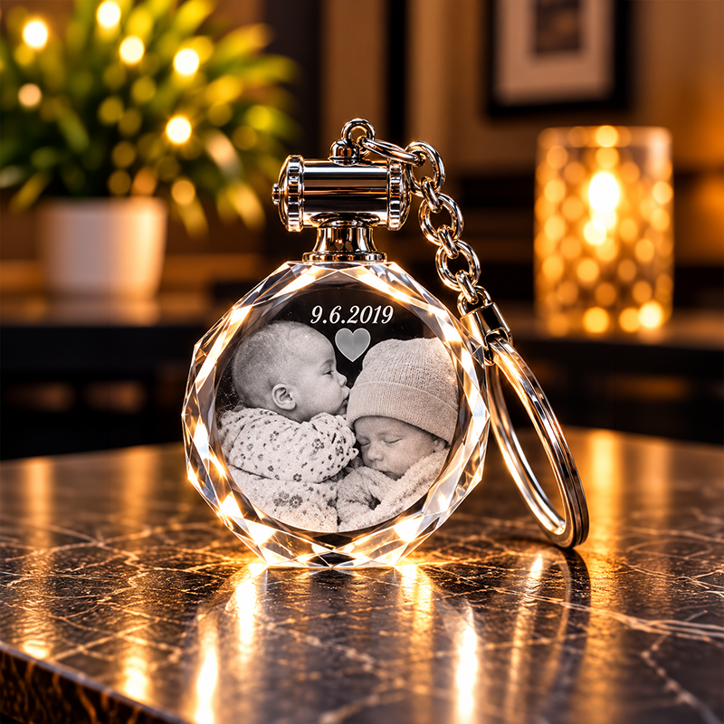 Crystal heart keepsake keychain displaying a black-and-white photo of two babies, date 9.6.2019, on a warm-lit marble surface.