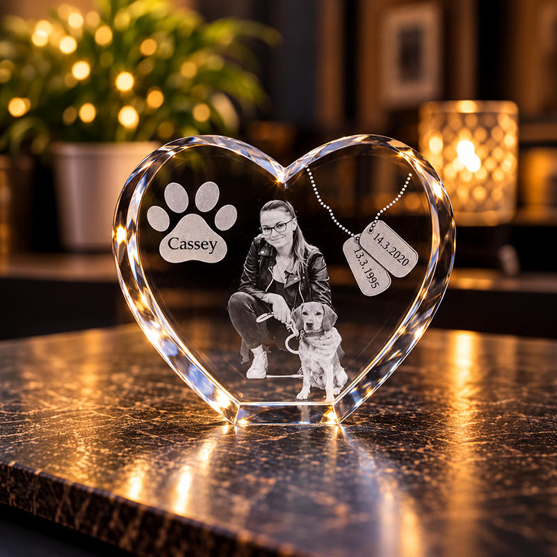 Heart-shaped glass keepsake with a grayscale photo of a woman kneeling beside a dog, plus a paw-print with the name 'Cassey' and hanging dog-tag inscriptions.