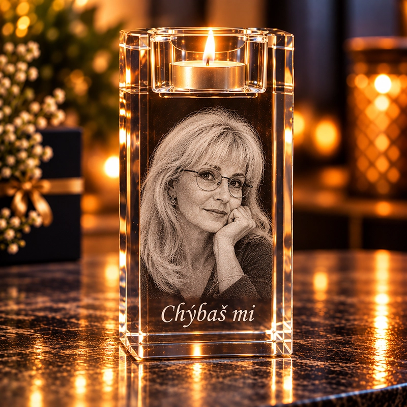 Memorial candle in a clear glass holder displaying a woman's portrait with the caption 'Chýbaš mi' and a lit flame above.