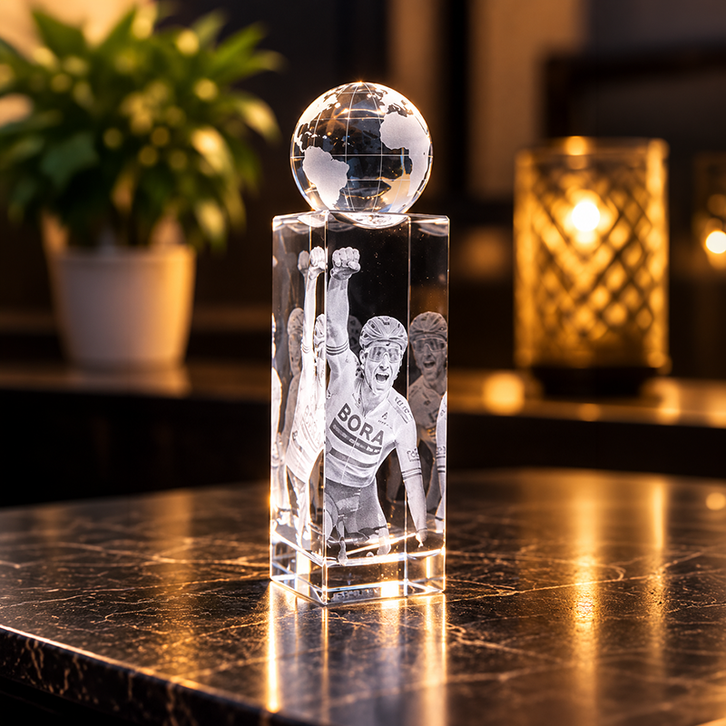 3D sklenená trofej v tvare glóbusu s gravírovaním