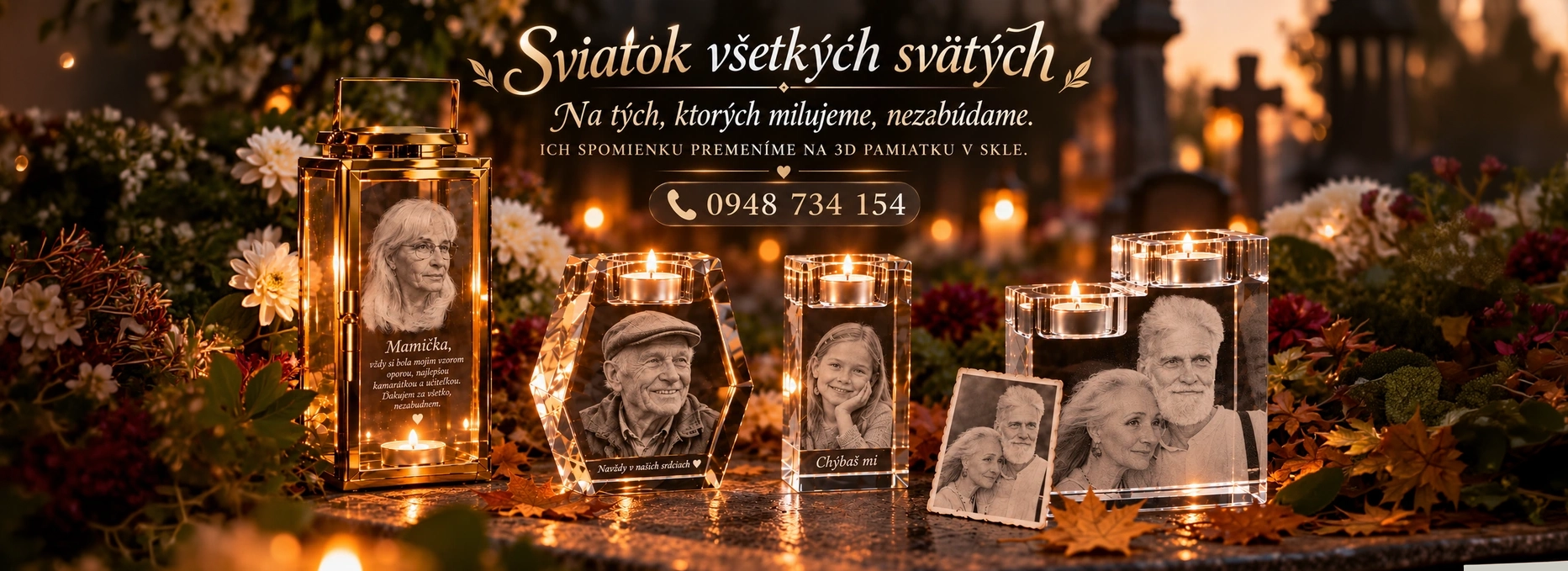 Memorial display with lit candles and etched glass photos at a cemetery during All Saints' Day tribute.