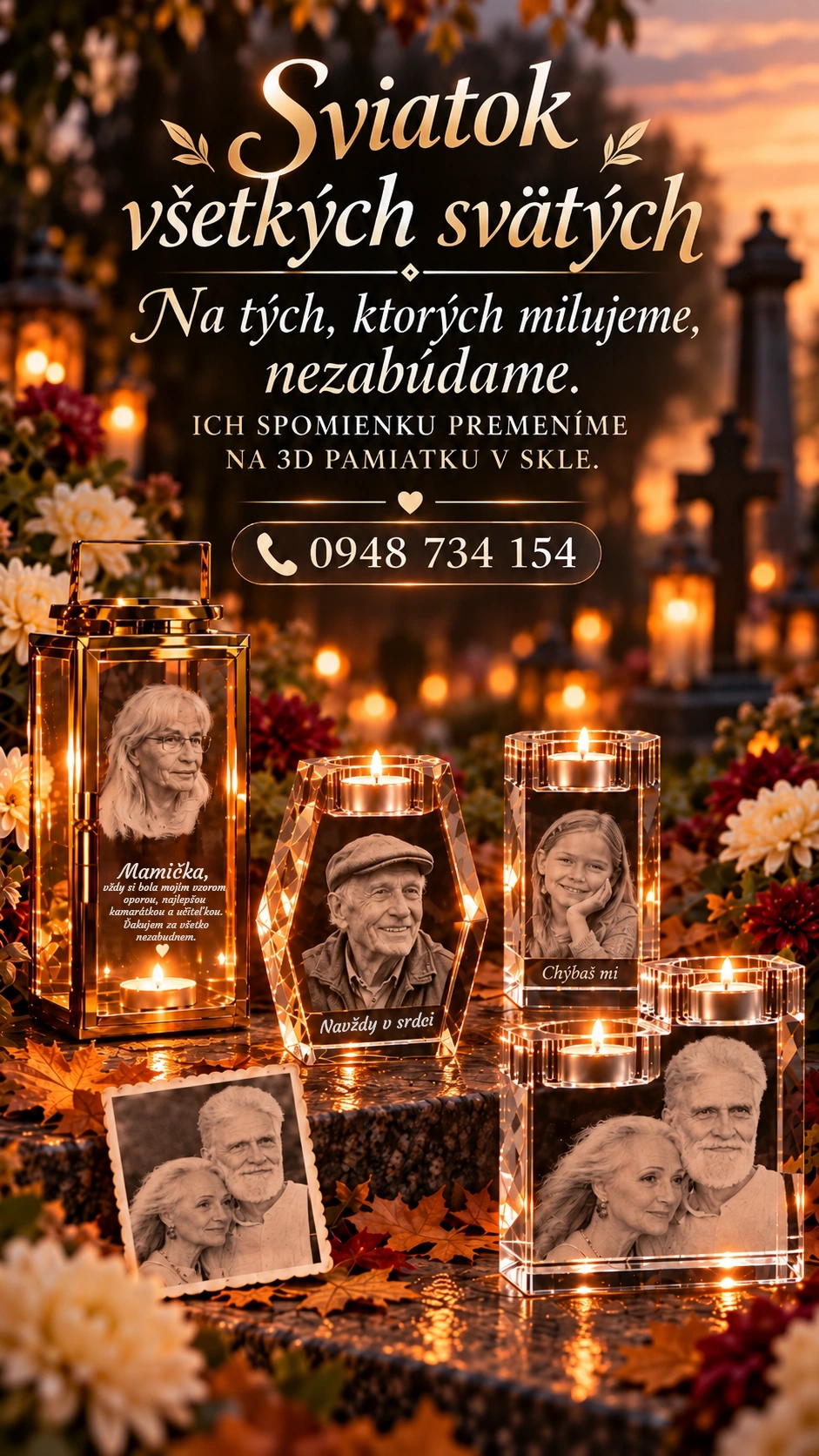 Candlelit memorial display with glass lanterns and photos of elderly and young relatives, surrounded by autumn leaves at dusk