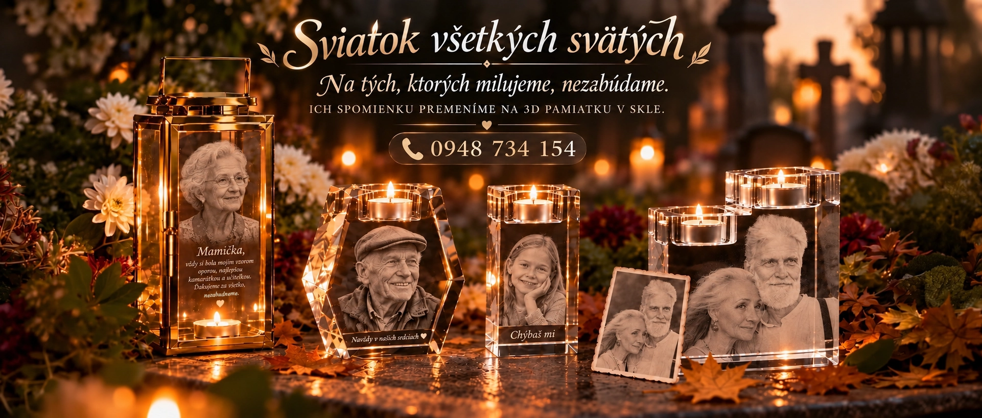 Memorial display with illuminated glass lanterns, candles, and sepia photos of an elderly couple and family among autumn flowers at dusk, with Slovak tribute text above.